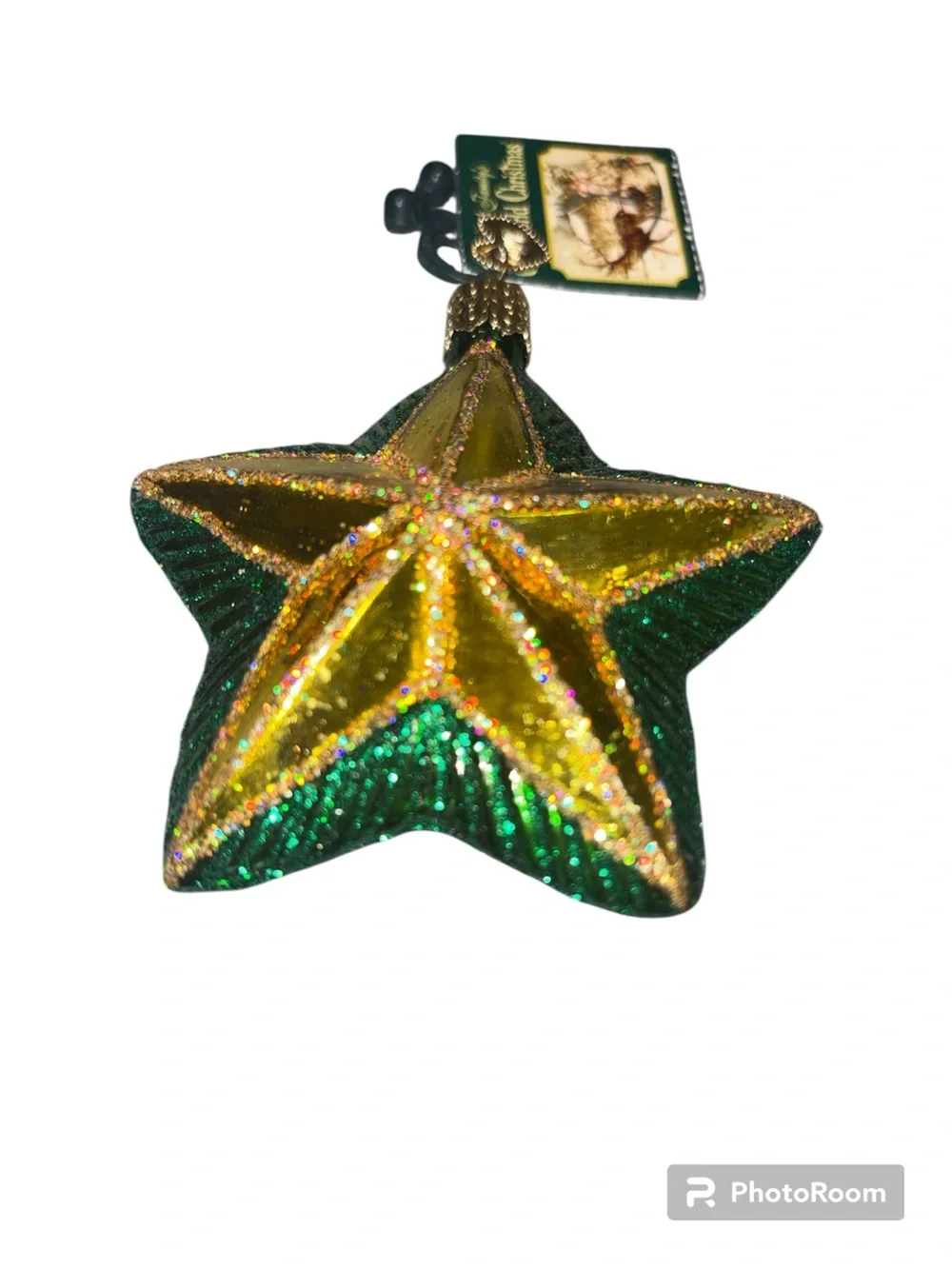 NWT Mark Roberts World Christmas Glass Star Ornament - Green & Gold Y2K